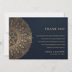 ELEGANT NAVY GOLD CLASSIC ORNATE MANDALA WEDDING THANK YOU CARD