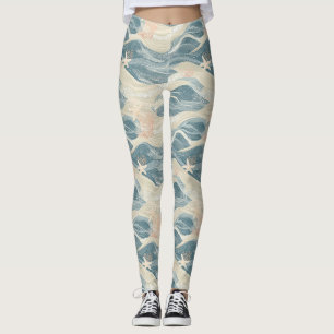 Elegant Navy Gold Coastal Waves Starfish Leggings