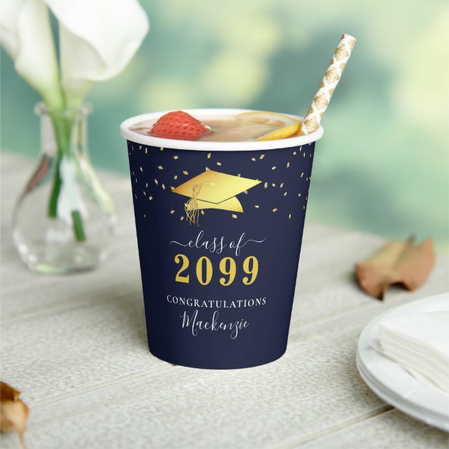 Elegant Navy Gold Confetti Script Graduation Paper Cups (Insitu)