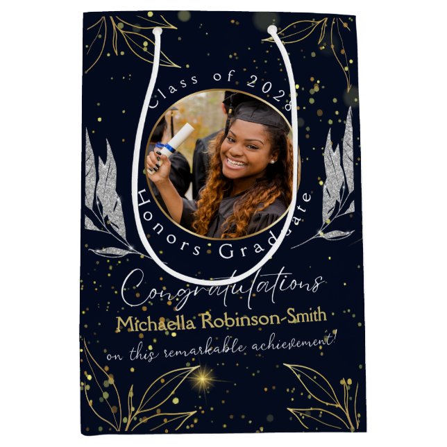 Elegant Navy Gold Congratulations Graduation Medium Gift Bag (Front)