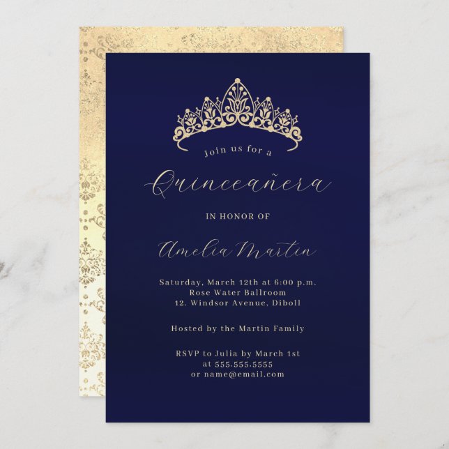Elegant Navy Gold Damask Tiara Quinceanera  Invitation (Front/Back)