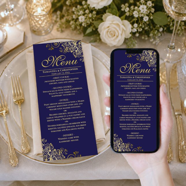Elegant Navy & Gold Downloadable Wedding Menu (Available as printed cards or as a digital download.)