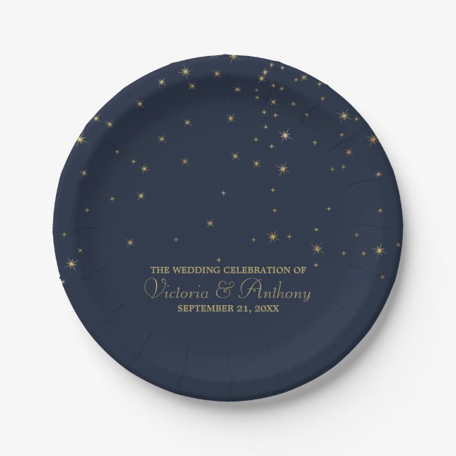 Elegant Navy & Gold Falling Stars Wedding Paper Plate (Front)