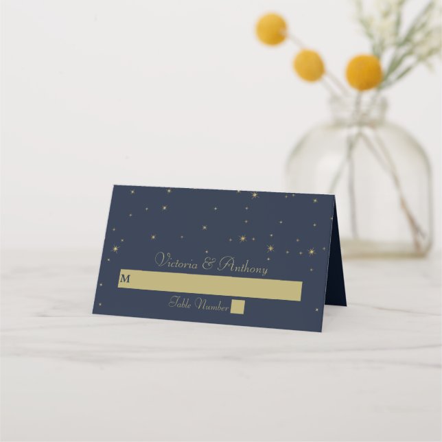Elegant Navy & Gold Falling Stars Wedding Place Card (Front)