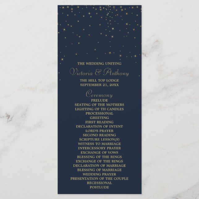 Elegant Navy & Gold Falling Stars Wedding Program (Front)