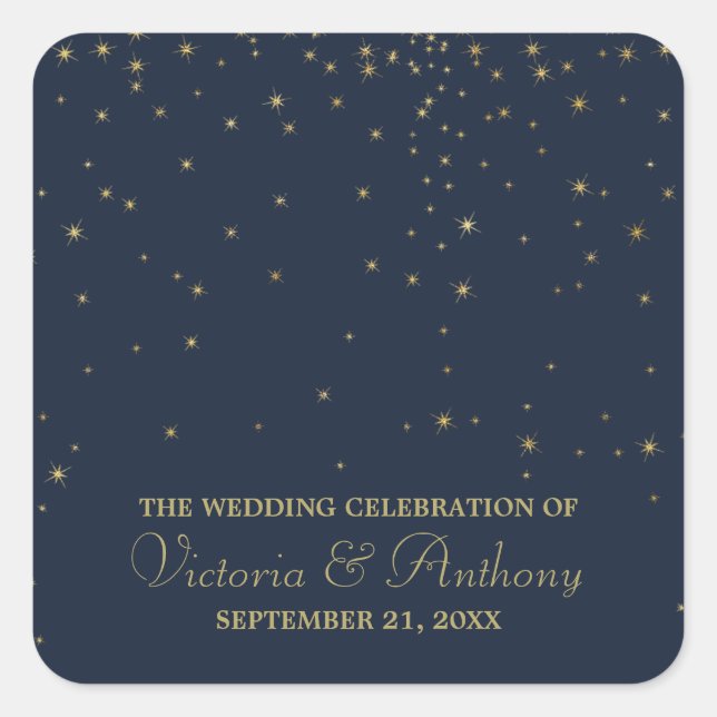 Elegant Navy & Gold Falling Stars Wedding Thanks Square Sticker (Front)