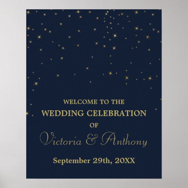 Elegant Navy/Gold Falling Stars Wedding Welcome Poster (Front)