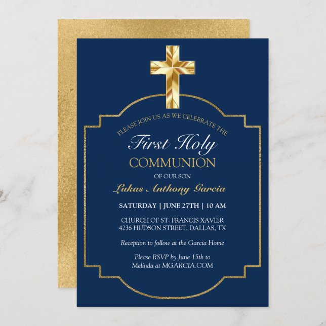 Elegant Navy Gold First Holy Communion Invitation (Front/Back)