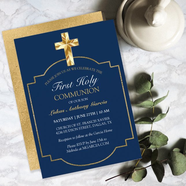 Elegant Navy Gold First Holy Communion Invitation (Creator Uploaded)