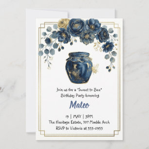Elegant Navy Gold Floral Bee Honey Birthday Invitation