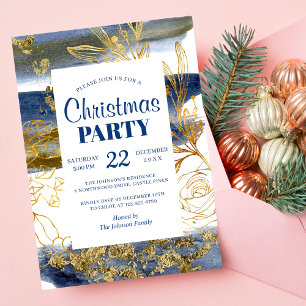 Elegant Navy Gold Floral Christmas Party Invitation