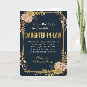 Elegant Navy Gold Floral Daughter in Law Birthday Card