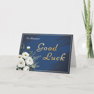 Elegant Navy Gold Floral Good Luck Personalised Card