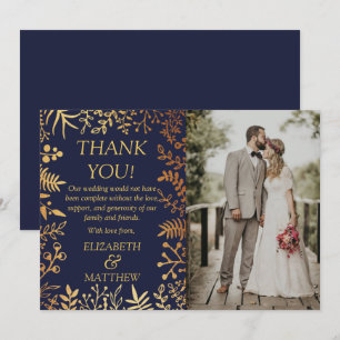 Elegant Navy & Gold Floral Wedding Photo Thank You Card
