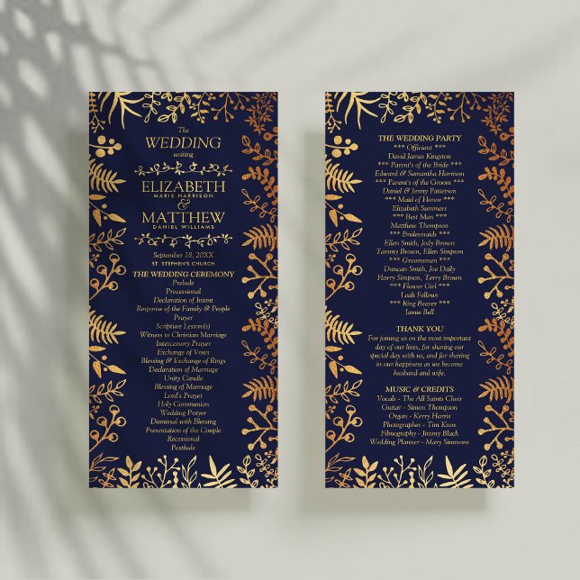 Elegant Navy & Gold Floral Wedding Program Rack Card (Creator Uploaded)