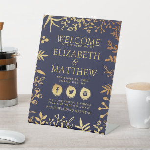 Elegant Navy & Gold Floral Wedding Welcome Pedestal Sign
