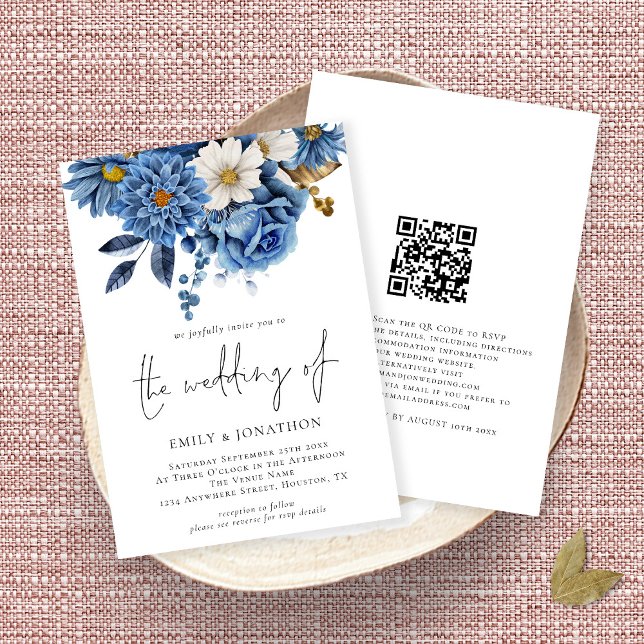 Elegant Navy Gold Florals QR Code Wedding  Invitation (Creator Uploaded)