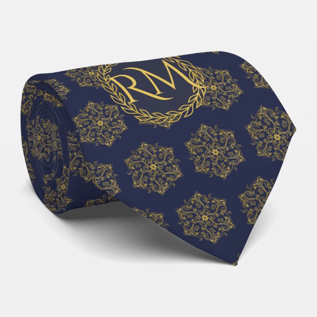 Elegant navy gold flourishes exclusive monogrammed tie (Rolled)