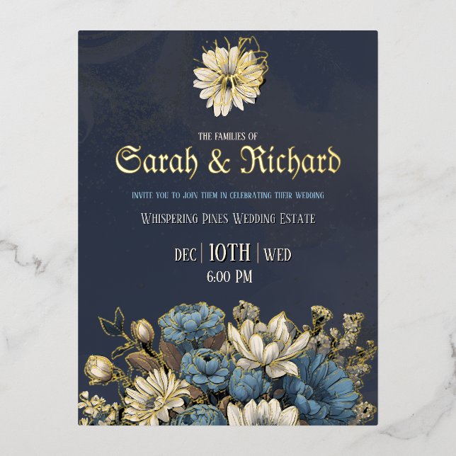 Elegant Navy Gold Foil Wedding Postcard (Front)