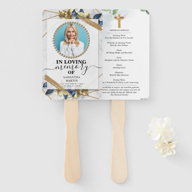 Elegant Navy Gold Funeral Celebration of Life Hand Hand Fan (Front and Back)