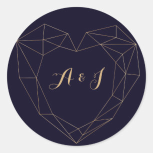 Elegant Navy Gold Geometric Heart Frame Wedding Classic Round Sticker