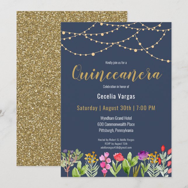 Elegant Navy/Gold Glitter Floral Quinceanera Invitation (Front/Back)