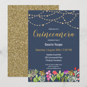 Elegant Navy/Gold Glitter Floral Quinceanera Invitation