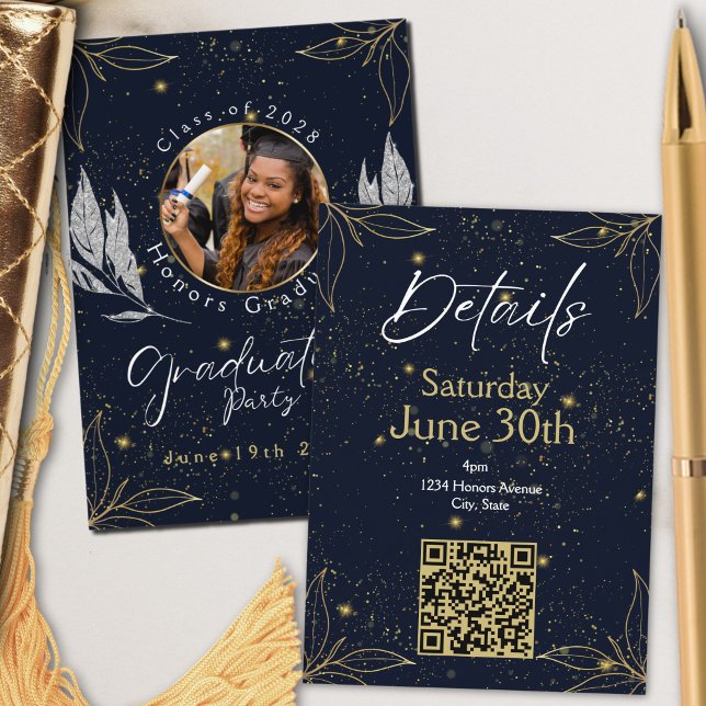Elegant Navy Gold Graduation Party QR Code Enclosure Card (Creator Uploaded)