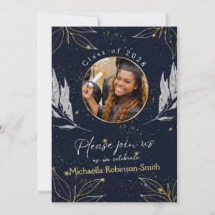 Elegant Navy Gold Graduation Party QR Code Invitation