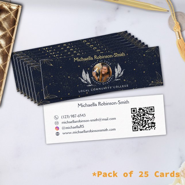 Elegant Navy Gold Graduation QR Code Calling Card (Creator Uploaded)