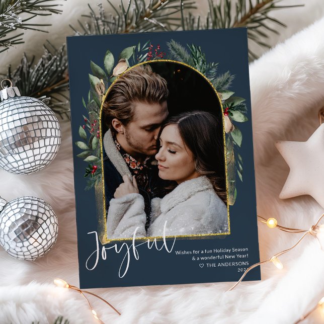 Elegant Navy Gold Greenery Arch Photo Holiday Card (Creator Uploaded)