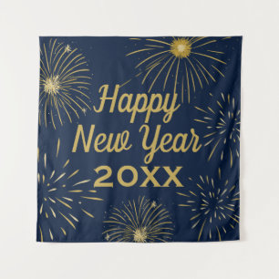 Elegant Navy Gold Happy New Year 2025 Backdrop Tapestry