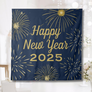 Elegant Navy Gold Happy New Year 2025 Backdrop Tapestry
