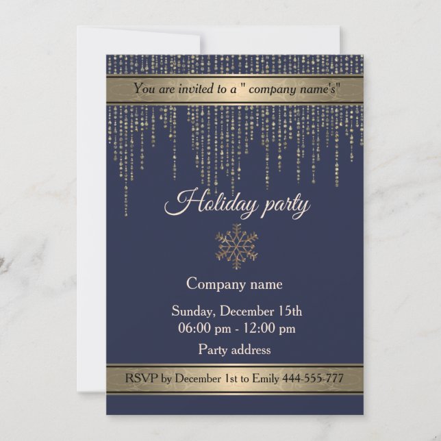 Elegant navy gold holiday party corporate invitation (Front)
