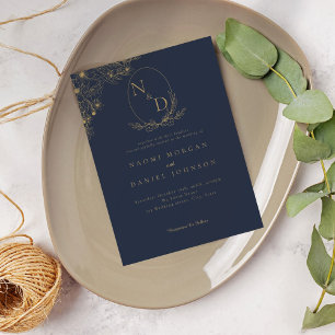 Elegant Navy Gold Initial Monogram Wedding Invitation