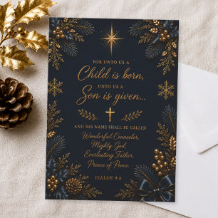 Elegant Navy Gold Isaiah 9:6 Christian Christmas Holiday Card