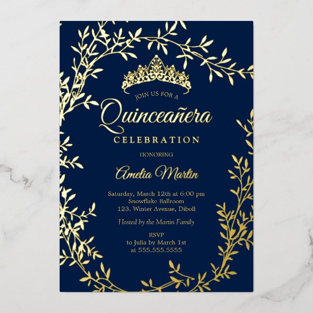 Elegant Navy Gold Leaf Wreath Quinceanera (Front)