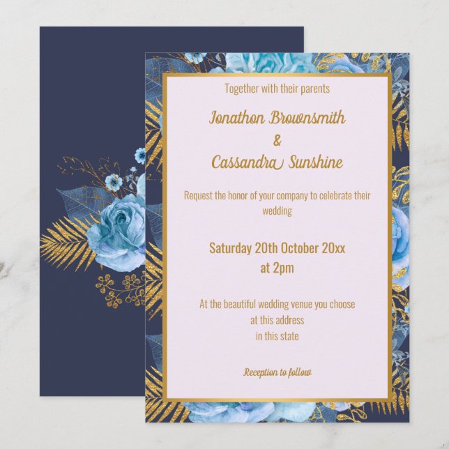 ELEGANT NAVY GOLD LILAC FLORAL WEDDING INVITATION (Front/Back)