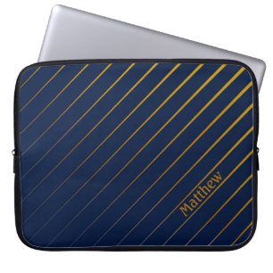 Elegant Navy & Gold Lines with Custom Name Laptop Sleeve