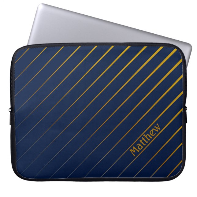Elegant Navy & Gold Lines with Custom Name Laptop Sleeve (Front)