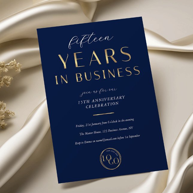 Elegant Navy & Gold Logo Business Anniversary Invitation (Creator Uploaded)