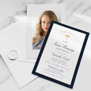 Elegant navy & gold LPN nurse pinning ceremony Invitation