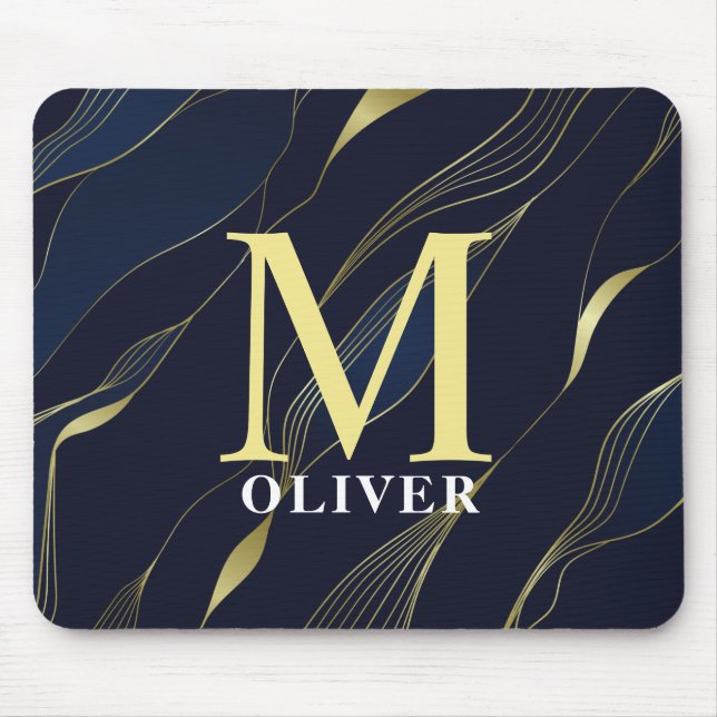 Elegant Navy & Gold Men's Monogram Mouse Pad (Front)