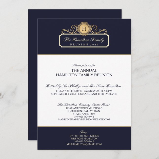 Elegant Navy Gold Monogram Family Reunion Invitation (Front/Back)