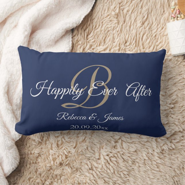  Elegant Navy Gold Monogrammed Happily Ever After Lumbar Cushion (Blanket)