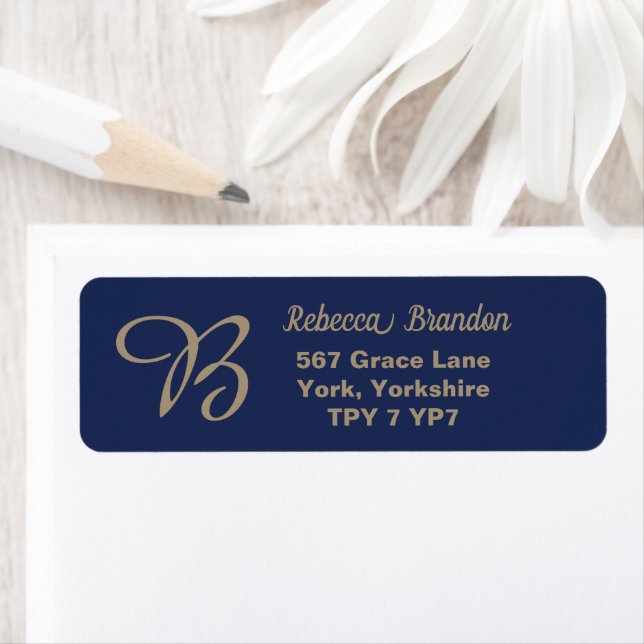 Elegant Navy Gold Name Monogram Return Address  Label (Insitu)