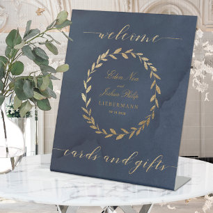 Elegant Navy Gold Olive Branch Wreath Card Gifts Pedestal Sign