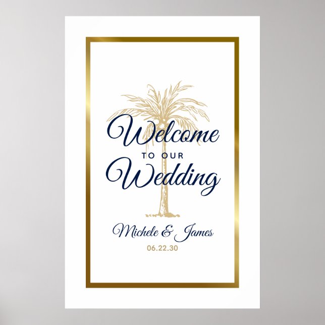 Elegant Navy Gold Palm Tree Wedding Welcome Poster (Front)