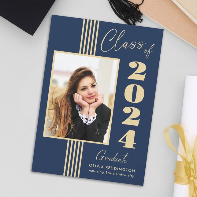 Elegant Navy Gold Photo Frame 2024 Graduation Announcement (Creator Uploaded)