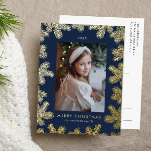 Elegant Navy Gold Pine Frame Photo Foil Holiday Postcard